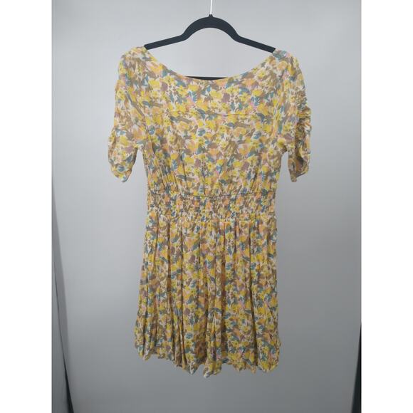 Free People Forget Me Not Mini Dress 8 Floral Ruched Short Sleeve Ivory Combo - Picture 11 of 15